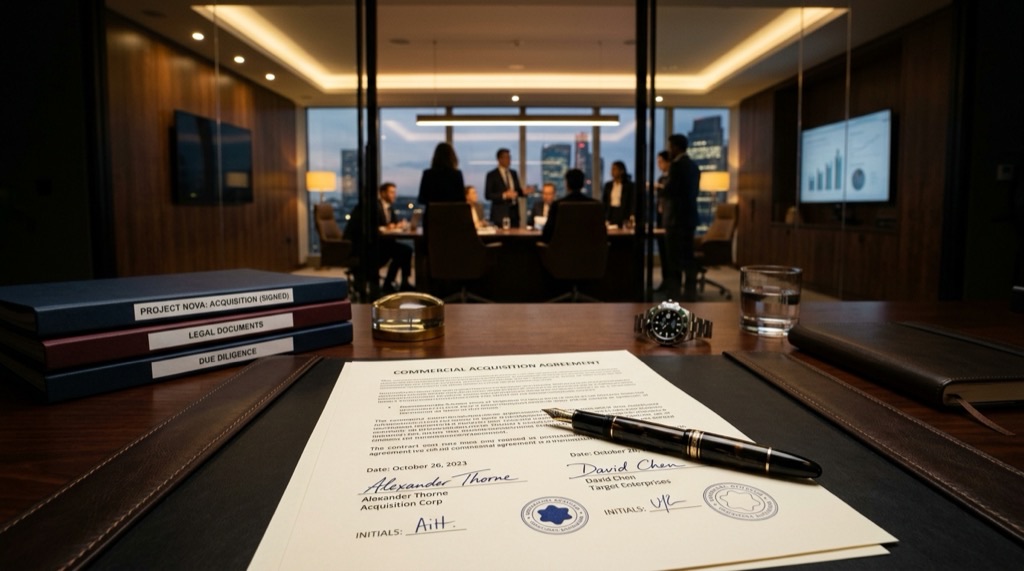 Executive desk with signed commercial contract agreement