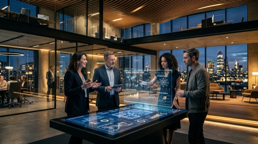 Visionary business leaders in modern strategic innovation hub
